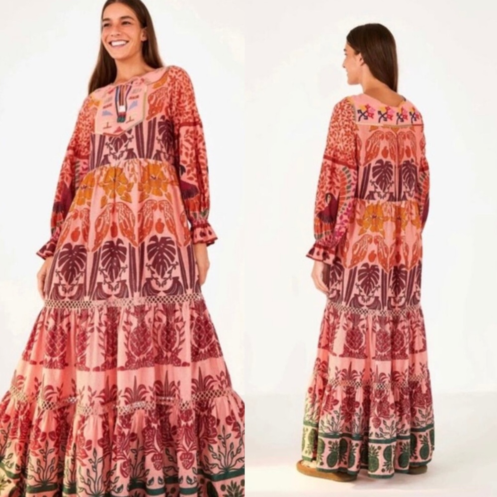 Farm Rio Pink Anika Print Macaws Maxi Dress